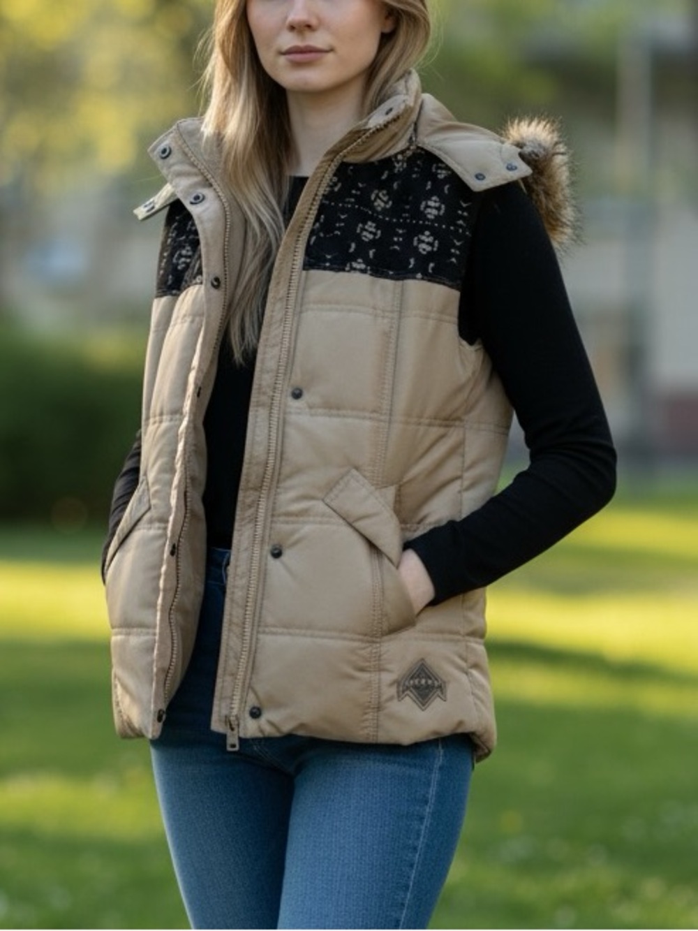Beaver Canoe Quilted Puffer Vest with Faux Fur Hood, Beige/Green, XS